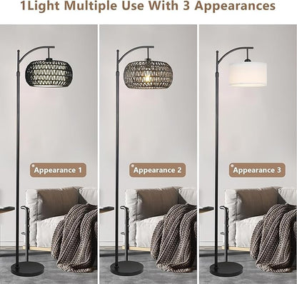 Arc Floor Lamp with 3 Color Temperatures,Black Floor Lamp with Remote Control, Boho Standing Lamp with Rattan Wicker Shades, Farmhouse Tall Pole Lamp for Living Room Bedroom