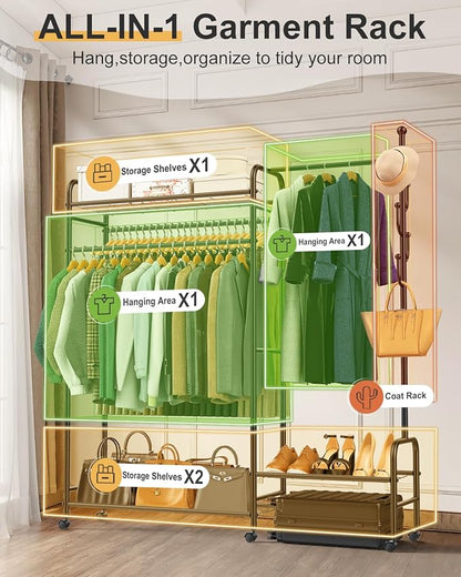 10-in-1 Clothes Rack, Multi-Function Garment Rack with 3 Tier Shelves, 3 Hanging Rod, 4 Handy Hook, Heavy Duty Clothing Rack Up to 620 LBS, Metal Wardrobe Closet for Bedroom, Laundry, Balcony,Black