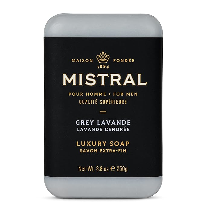 Mistral Grey Lavande Luxury Bar Soap for Men | Men’s Natural Soap Bar | Paraben, Phthalates Free | Moisturizing & Triple-Milled Natural Soap for Men - Made in France | Large, 8.8 oz