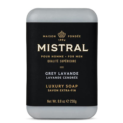 Mistral Grey Lavande Luxury Bar Soap for Men | Men’s Natural Soap Bar | Paraben, Phthalates Free | Moisturizing & Triple-Milled Natural Soap for Men - Made in France | Large, 8.8 oz