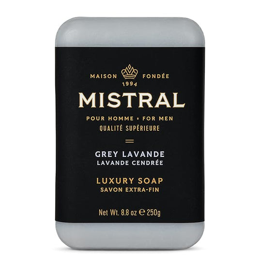 Mistral Grey Lavande Luxury Bar Soap for Men | Men’s Natural Soap Bar | Paraben, Phthalates Free | Moisturizing & Triple-Milled Natural Soap for Men - Made in France | Large, 8.8 oz