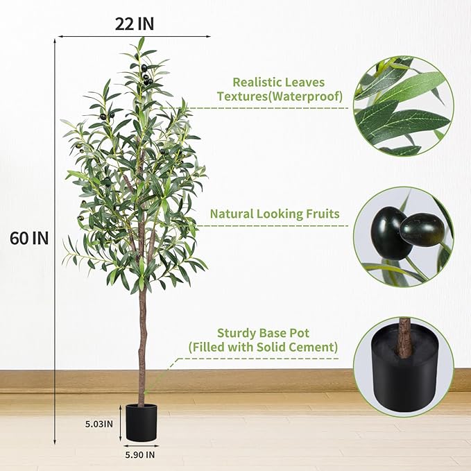 Artificial Olive Tree 5FT Tall Faux Silk Plant 60inch Fake Olive Tree with Trunk and Lifelike Fruits for Home Office Decor Indoor 1pack