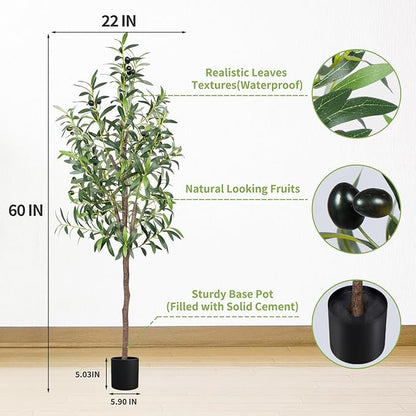 Artificial Olive Tree 5FT Tall Faux Silk Plant 60inch Fake Olive Tree with Trunk and Lifelike Fruits for Home Office Decor Indoor 1pack