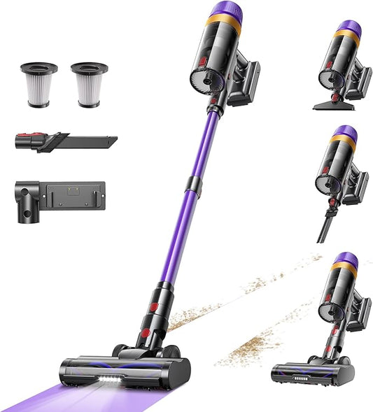 Cordless Vacuum Cleaner, 580W 50Kpa Suction, 70Mins Runtime, Self-Standing Stick Vacuum with LED Display, V-Shape Anti-Tangle Brush for Hard Floor Carpets Pet Hair