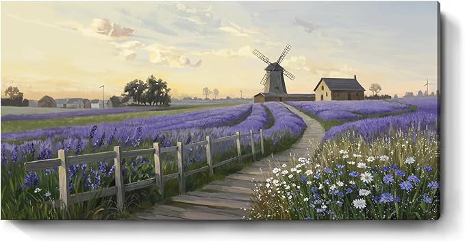 amatop Oversized Wall Picture for Living Room Farmhouse Purple Lavender Artwork Pastoral Countryside Scenery Daisy Flowers Floral Canvas Prints Panoramic Sunset Landscape Picture Bedroom 58x29 In