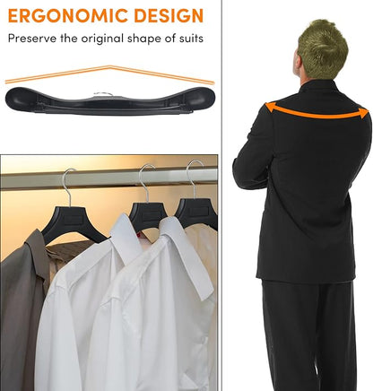 DEDU Suit Hangers for Men 50 Pack, Black Coat Hangers Extra Wide Non Slip Width 17.7", Thick Plastic with Pants Bar & Metal Hook