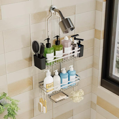 Shower Caddy Hanging for Bathroom Organizers and Storage, Adjustable Anti-Swing Shower Organizer for Wall-Mounted Showerhead with Heavy-Duty Suction Cups, Damage-Free Rustproof (Chrome)