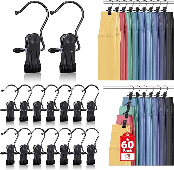 60 Pack Boot Hangers Clips for Closet, Heavy Duty Legging Organizer for Closet Hanging Pants Hangers with Clips Clothes Pins Hanger Clips Laundry Hooks Towel Socks Hats Tall Boots Home Travel Black