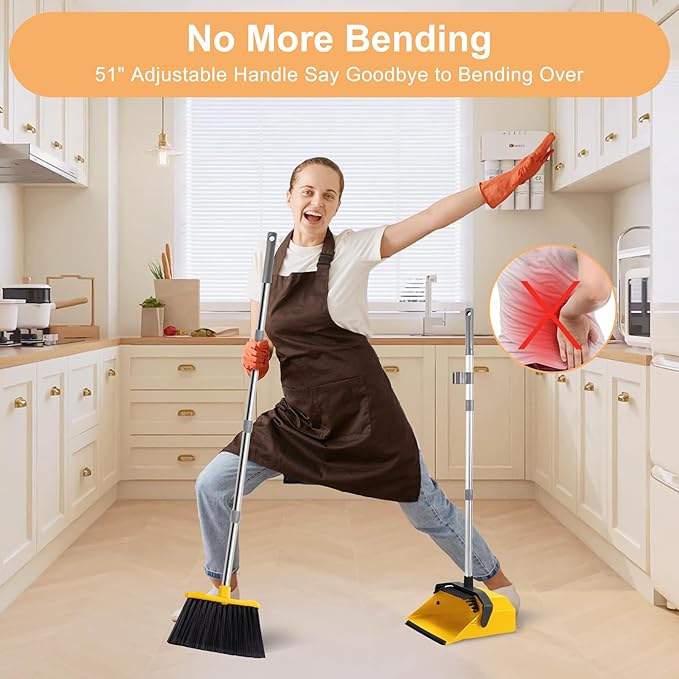 3-Pack Commercial Broom and Dustpan Combo Set, Industrial 51'' Broom and Dustpan Set, Large Standing Bulk Dust Pan Long Handle for Hall Office Garage Floor Outdoor - Bright Yellow
