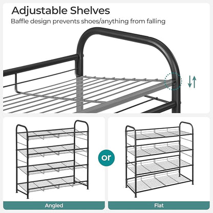 SONGMICS Stackable Shoe Rack, 4 Tier Metal Shoes Rack Storage Shelf, Holds up to 20 Pairs Shoes, Adjustable Slanted Shelves Shoe Tower Organizer for Closet Entryway Small Spaces, Black