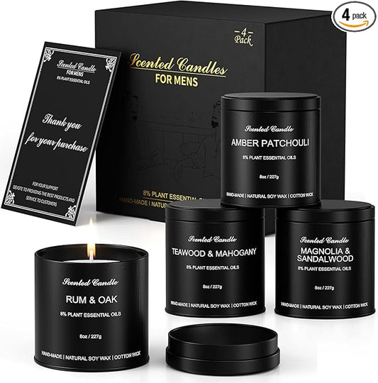 Men's Scented Candle Sets | 4 Pack Aromatherapy Candles Gift in Matte Black Tins for Christmas,Father | Soy Wax Manly Candles of Amber Patchouli,Rum&Oak,Teawood&Mahogany,Magnolia&Sandalwood