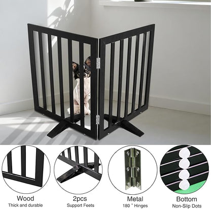 Dog Gate Indoor, Freestanding Dog Fence for The House, Doorways, Hallways,or Stairs,Pet Gate Foldable Wooden,Expandable 24" Height 2 Panels,Black