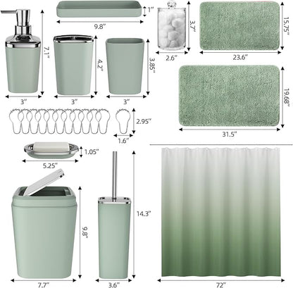 Sage Green Bathroom Set - 24PC Bathroom Sets with Shower Curtain and Rugs, Sage Green Bathroom Accessories Set with Press-on Lid Bathroom Trash Can, Soap Dispenser
