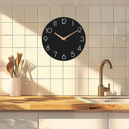 Wall Clock, 12 Inch Wooden Silent Non-Ticking, Decorative Battery Operated Wall Clocks for Bedroom, Kitchen, Home, Living Room, Office, School, Hotel (Black)