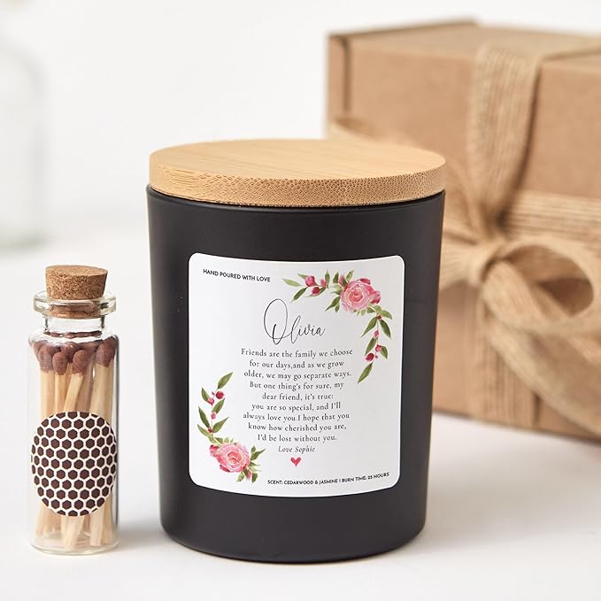 Friendship Gift for Best Friend | Personalized Soy Wax Candle with Gift Box, Cozy Scent & Heartfelt Message-Black/Christmas Spice