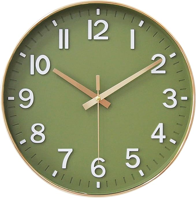 HZDHCLH Wall Clocks Battery Operated,Wall Clock Green Gold,10 inch Wall Clock Silent Non Ticking Modern 3D Numbers for Kitchen Bedroom Living Room Office Classroom Decor