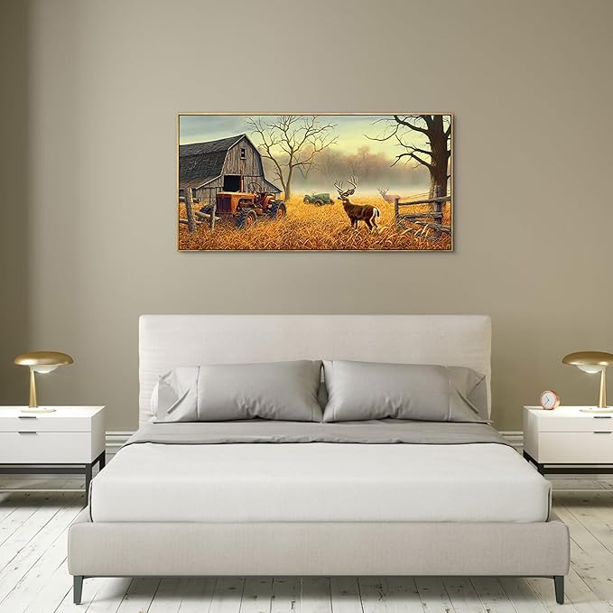 XLSJERST Deer Wall Art for Living Room Canvas Prints Decor Decoration Deer Tractor Farm Wildlife Hunting Picture Glass Surface Artwork Ready to Hang for Bedroom Home Office 20x40