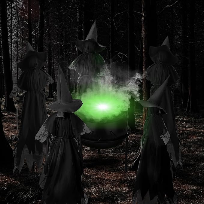 Halloween Witches Outdoor, 3 Light Up Witches Holding Hands with Stakes, Witch Decorations with Glowing Face for Yard Garden Outside Lawn Porch