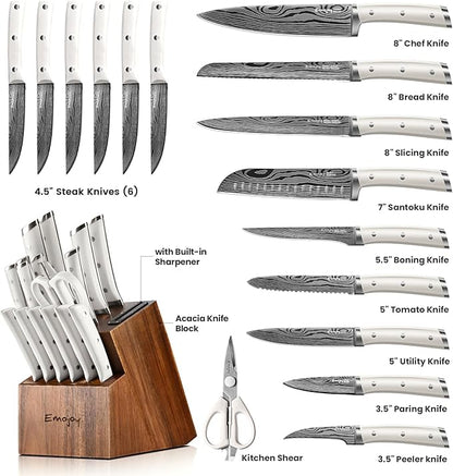 Knife Set, Emojoy 18-Pieces Kitchen Knife Set With Wooden Block, German Stainless Steel Knife Block Set With Built-In Sharpener, Professional Sharp Knives Set for Kitchen,White
