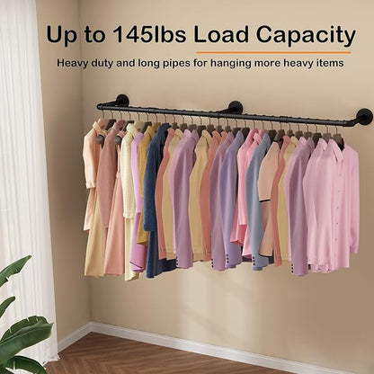 Wall Mounted Clothes Rack 72.5in, Industrial Pipe Clothing Racks Wall Mount, Heavy Duty Detachable Iron Garment Bar, Saving Space, Multi-Purpose Hanging Rod for Bedroom, Laundry Room, 1 Pack