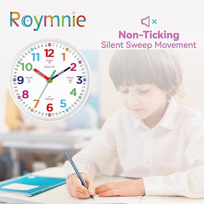 Roymnie12 Inch Wall Clock for Kids Learning to Tell Time Easily Analog Non Ticking Battery Operated Teaching Clock Silent Teaching Time Clock Decorative for Kids Room Classroom School (White Grain)