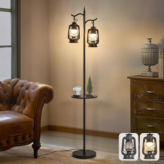 Farmhouse Floor lamp with Table, Double Head Vintage Floor Lantern, Standing lamp for Living Room，Bedroom, Rustic Floor Lamp with Black Finish