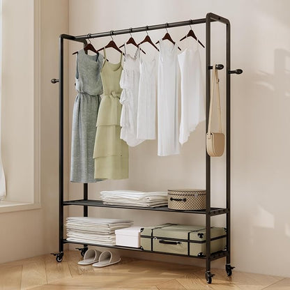 Rolling Clothes Rack, 47.2" Wide Metal Garment Rack,Heavy Duty Clothing Rack for Hanging Clothes with Wheels & bottom Shelves for Coats, Shirts, Dress