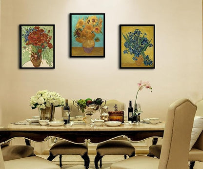 Black Framed Sunflowers- Irises Flower Vase Vincent Van Gogh Art Reproduction, Giclee Canvas Prints Wall Art for Home Decor 12"x16"