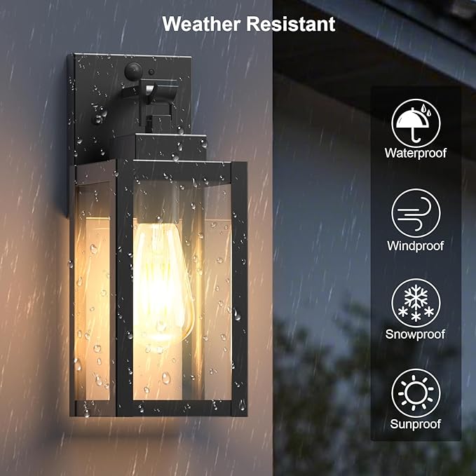 2-Pack Motion Sensor Outdoor Wall Light Fixtures, Modern Black Dusk to Dawn Porch Light Lantern with 3 Modes, Waterproof Exterior Lighting for House, Patio, Garage, Front Door