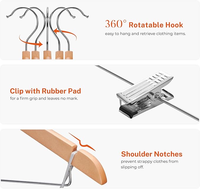 HOUSE DAY Wooden Hangers with Clips 24 Pack,Wooden Suit Hangers Skirt Hangers Solid Wood Pants Hangers Natural Smooth Finish Wood Hangers with Durable Metal Clips for Blouse, Dress, Coat, Jacket