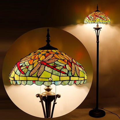 Tiffany Floor Lamp Green Red Stained Glass Dragonfly Standing Reading Light 16X16X70 Inches Antique Pole Corner Lamp Decor Bedroom Office Living Room