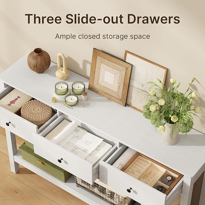 Gizoon Sofa Table with Drawers, Modern Accent Console Table with Open Shelf, Large Storage Space, for Living Room, Front Hall, Entrance Hall, Study Room, White