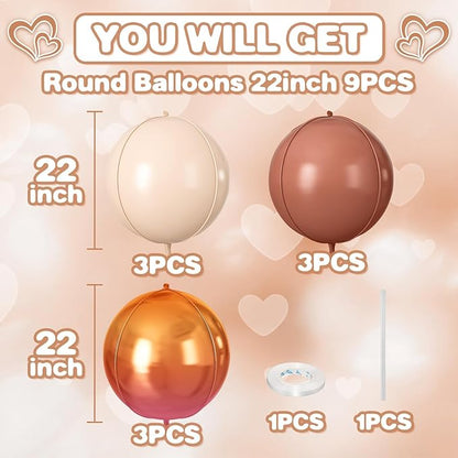 Retro Beige Orange Brown Round Foil Balloons 9 pcs,Metallic Giant 4D Round Balloons 22 Inch for Baby Shower Thanksgiving Fall Party Decorations