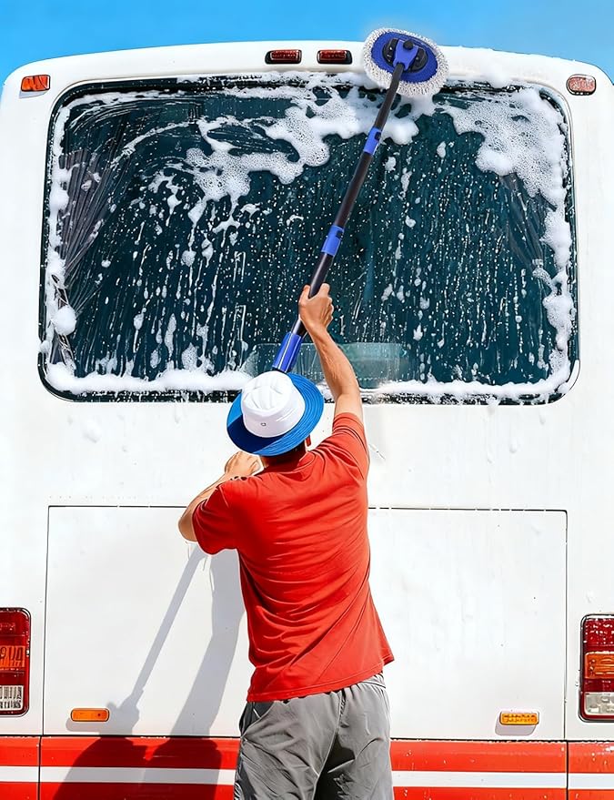 15°Curved Car Wash Brush with Long Handle Kit, 55-Inch 4-Section Extendable Pole with Replacement Head, Chenille Mitt, Tire & Wheel Hub Brushes, Towel, Storage Bag for Car, RV, Truck [Scratch Free]