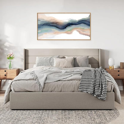 HLNIUC Blue Abstract Wall Art, Watercolor Line 40"x20" Framed Art, Modern Wave Canvas Wall Decor, Natural Landscape Paint Stroke Prints for Living Room, Bedroom, Office