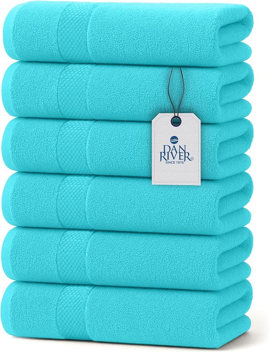 DAN RIVER 6-Pack Premium Hand Towels (16x28 Inches) - 100% Cotton, Ultra Soft, Lightweight, Highly Absorbent Towels for Bathroom, Spa, Gym, Salon, Hotel, and Travel - 550 GSM – Turquoise