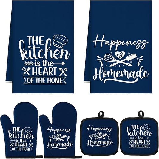 Sratte 6 Pcs Kitchen Decor Accessories Set Farmhouse Towels Pot Holders Oven Mitts Set 2 Dish Towels 2 Potholders 2 Cooking Mittens Oven Glove for Christmas Baking Cooking Supply(Blue,Kitchen)