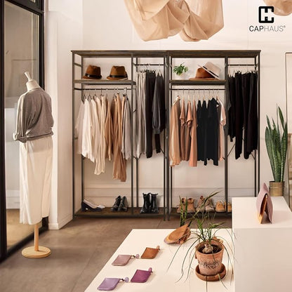 CAPHAUS 550lbs Capacity Garment Rack for Hanging Clothes, Heavy Duty Metal Open Wardrobe w/Hanging Rods & Drawers, Free Standing Closet Organizer, Metal Closet w/Wooden Boards, Rustic Oak Board