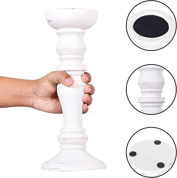Mela Artisans Shabby White Hand Carved Wooden Pillar Candle Holders - Set of 3 | Aisha Decorative Style | Crafted from Mango Wood | Rustic Table Centerpiece Decor | Sized 6", 9" and 12"