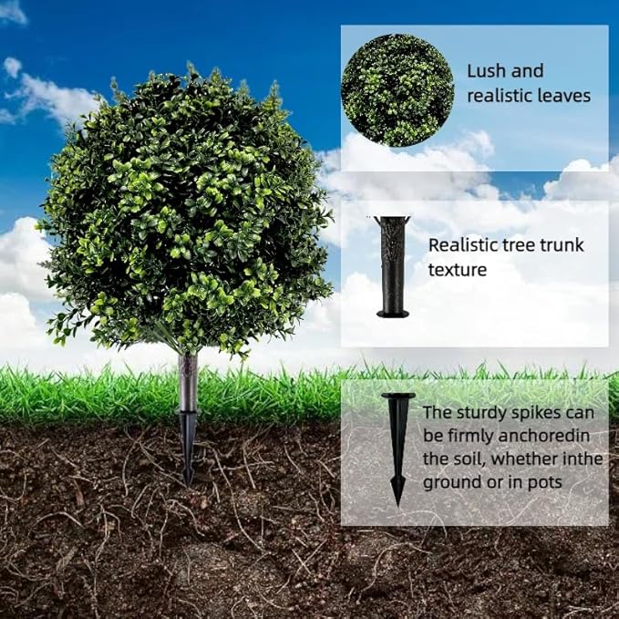 Artificial Boxwood Topiary Ball Tree with Ground Spike 27.5", Set of 2 Outdoor Faux Plants UV Resistant Fake Bushes Shrubs for Garden, Yard, Porch, Patio Decor