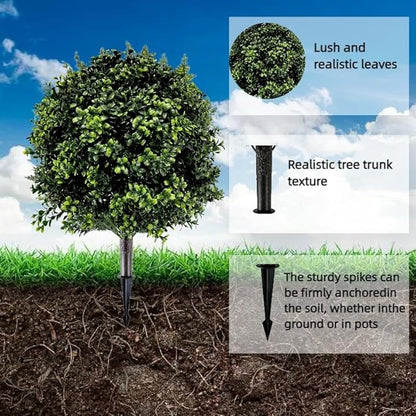 Artificial Boxwood Topiary Ball Tree with Ground Spike 27.5", Set of 2 Outdoor Faux Plants UV Resistant Fake Bushes Shrubs for Garden, Yard, Porch, Patio Decor