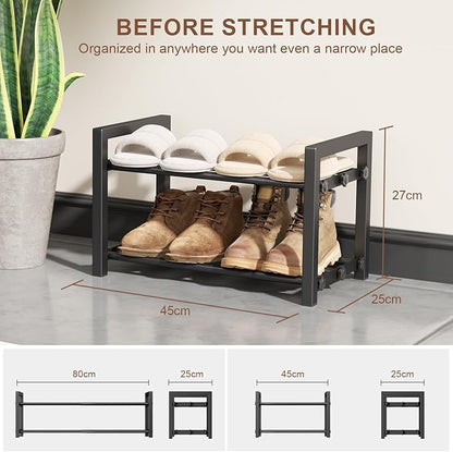 2-Tier Expandable Shoe Rack,Adjustable Shoe Shelf Storage Organizer Heavy Duty Metal Free Standing Shoe Rack for Entryway Closet Doorway (Black)