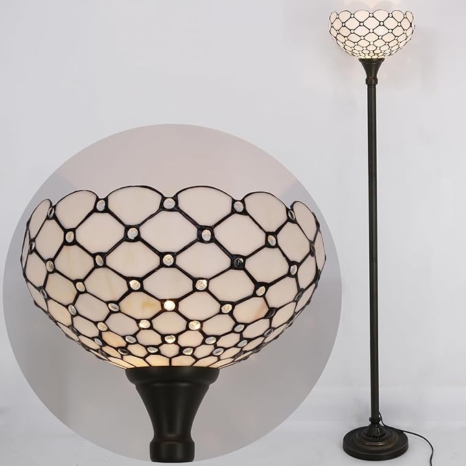 WERFACTORY Tiffany Floor Lamp Cream Amber Stained Glass Bead Light 12X12X71 Inches Pole Torchiere Standing Corner Torch Uplight Decor Bedroom Living Room Home Office (LED Bulb Included) S005 Series