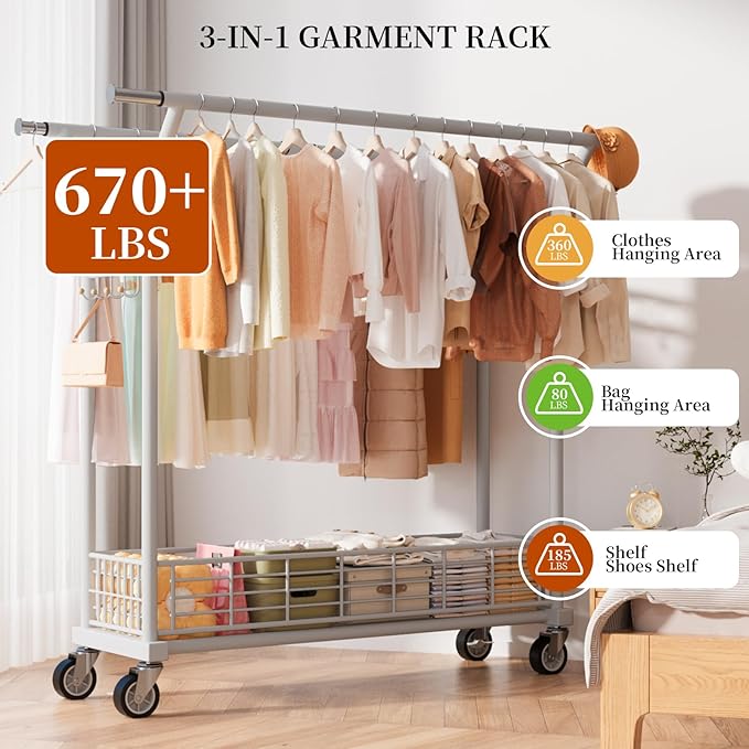 Heavy Duty Clothes Rack - Double Rod Clothing Racks with Wheels, Portable & Adjustable Garment Rack for Hanging Clothes, Rolling Clothes Rack Load 670LBS for Bedrooms, Laundry, Closet (White)