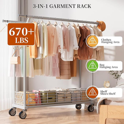 Heavy Duty Clothes Rack - Double Rod Clothing Racks with Wheels, Portable & Adjustable Garment Rack for Hanging Clothes, Rolling Clothes Rack Load 670LBS for Bedrooms, Laundry, Closet (White)