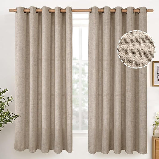 YoungsTex Linen Curtains 63 Inches Length Textured Short Drapes with Bronze Grommet 60 Inch Wide Light Filtering for Living Room Bedroom Dining Room, Dark Oatmeal, 60 x 63 Inch, 2 Panels