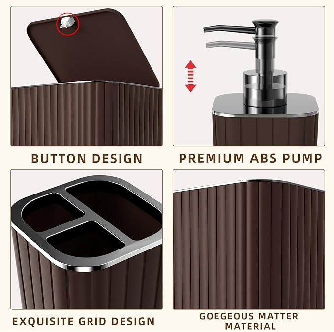 Bathroom Accessories Set - 25PC Bathroom Sets with Shower Curtain and Rugs, Brown Bathroom Accessories, Bathroom Accessory Set, Brown Shower Curtain Set, Trash Can & Soap Dispenser