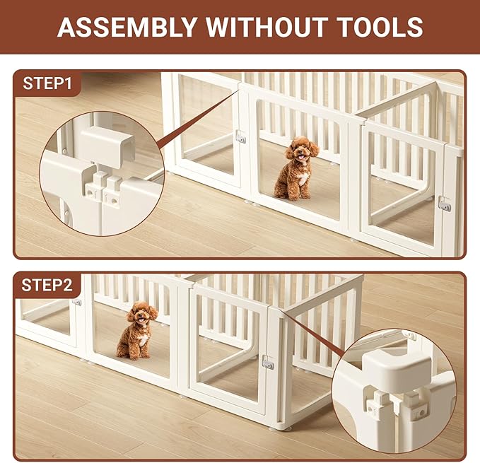 Transparent 12-Panel Dog Playpen, Acrylic Indoor/Outdoor Puppy Pen for Small & Medium Dogs, 24 Inch with Door, White(Ventilated Design 74 * 26 Two Rooms,24 inch)