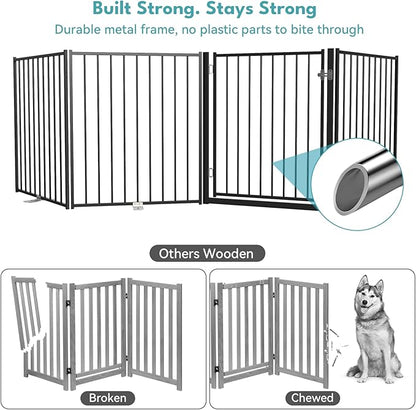 No Pawblems Free Standing Dog Gate with Door, 36'' Tall Foldable Dog Fence for Indoor & Outdoor, Up to 156 Inch Extra Wide Puppy Gate for Stairs, Hallways, Doorways, Deck, Yard (Black, 6 Panels)