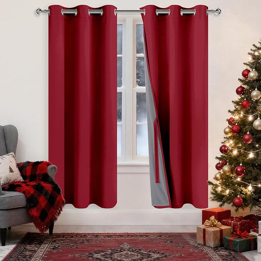 XWZO 100% Blackout Curtains 63 Inches Length - Heat and Light Blocking Ring Top Window Drapes with Black Liner Backing for Bedroom Sewn with Tiebacks, Christmas Red, W38 x L63, Set of 2